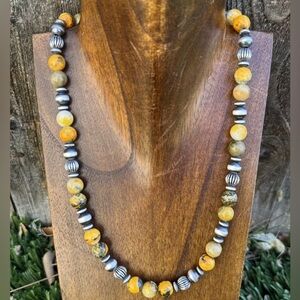 Sterling Silver Bumblebee Jasper W Pearls Bead Necklace. 18 inch